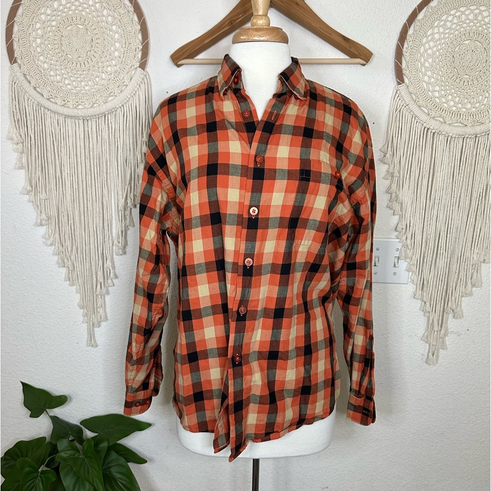 Statements orange and black plaid flannel me d button front shirt medium